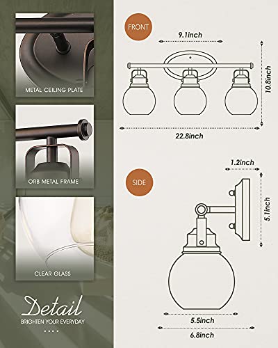 Image of 3-Light Farmhouse Bathroom Vanity Light Over Mirror | Oil Rubbed Bronze Vanity Lighting Fixture with Globe Clear Glass, Metal Frame, Wall Mounted, AD-2148-3W