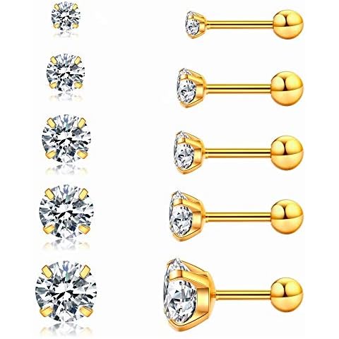 Cubic Zirconia Hypoallergenic Stud Earrings for Women Men Girls Statement Cartilage Fashion Surgical Steel Helix Earrings 5 Pairs Cover