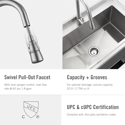 TRINITY THAPBK-0323 Stainless Steel Freestanding Single Bowl Utility Sink for Garage, Laundry Room, and Commercial Use, Includes Pull-Out Faucet, NSF, UPC and cUPC Certified, 36" x 20" x 49.2", Black