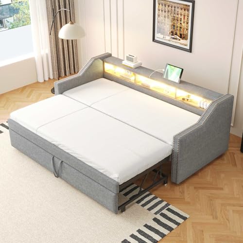 KOMHTOM Canapé lit avec LED Lit 1 Personne avec lit gigogne, lit escamotable Cadre de lit avec sommier à Lattes et Compartiments de Rangement (Matelas Non...