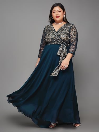 Image of Miss Chase A+ Women's Floral Printed Relaxed Fit V -Neck 3 /4Th Sleeve Georgette Maxi Dress