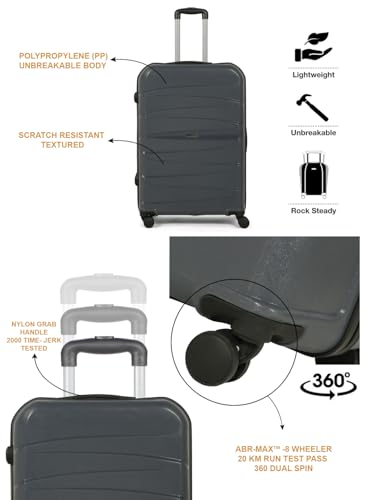 Image of Teakwood Small-Medium Size 8 Wheels Trolley Bag, Hard Cabin with Zipper Closure, Adjustable Push Button & TSA Lock System 360 Degree (Set of 2, Grey)