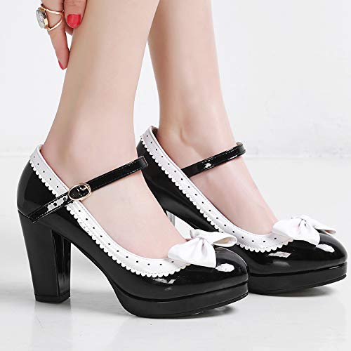 Odema sapato feminino clássico grosso Mary Jane bico redondo fivela tira no tornozelo, Preto, 7.5