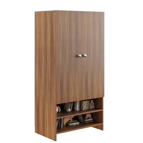 Image of FURNEASER YSH Engineered Wood Wardrobe Almirah for Clothes with 2 Doors & Open Shoe Rack | Wooden Closet Cabinet Organizer for Bedroom Living Room | Storage Cupboard (Exotic Teak)