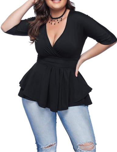 Women's Plus Size Blouse Sexy Deep V Neck Pleated Short Sleeve Ruched Promenade Tops
