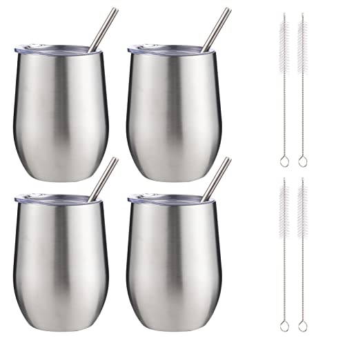 Image of 12 oz Insulated Wine Tumbler with Lid and Straw,Stainless Steel Stemless Wine Tumbler Glasses Double Wall Vacuum Wine Cups Tumbler Bulk for Coffee,Cocktail,Office(Silver,4)