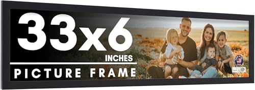 CountryArtHouse 33x6 Frame Black Solid Pine Wood Picture Frame Includes UV Acrylic Plexiglass, Acid Free Foam Backing Board and Hanging Hardware