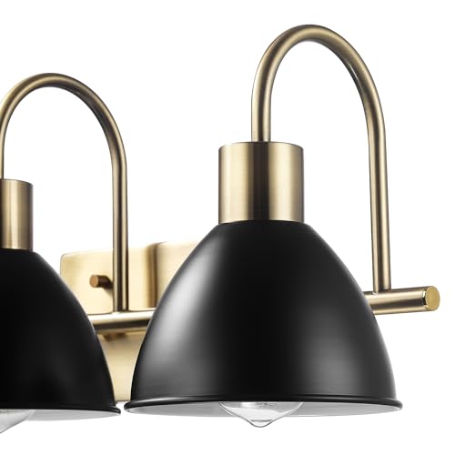 Image of GLOBE Electric 63000058 5-Piece All-in-One Bathroom Accessory Set, Brass & Black, 3-Light Vanity Light, Towel Bar, Toilet Paper Holder, Towel Ring, Robe Hook, Bathroom Lights Over Mirror