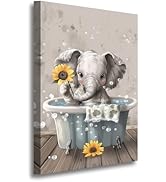 PBXBJY Funny Elephant Bathroom Wall Art Cute Elephant Baby in Bathtub with Sunflower Bubbles Post...