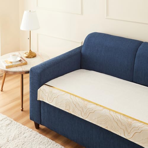 Image of Amazon Basics Knitted Fabric Sofa Cover for Two Seater, Classic Plaid, Non-Slip Sofa Pad, 70x120 cm, Soft Silicone Grip Dots, 100% Polyester, Machine Washable - Off-White