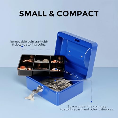 Image of Small Cash Box with Money Tray and Lock, Metal Cash Lock Box with Key, Petty Cash Box for Money 5.9 x 4.7 x 3.1 Inches Blue