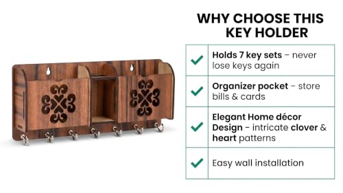 Image of Wall Mount Key Holder & Mail Organizer | Laser-Cut Key Hanger with 7 Metal Hooks, Letter Rack & Pen Stand | Wooden Wall Decor for Entryway, Living Room, Home & Office (EleganceNest)