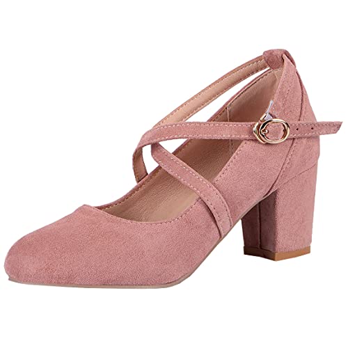 Trendenzy Womens Cross Strap Chunky Heel Round Toe Mary Jane Pumps