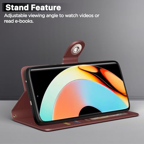 Image of Pikkme Flip Cover Leather Finish | Inside TPU with Card Pockets | Wallet Stand and Shock Proof | Complete Protection Button Flip Case for Realme 10 Pro Plus 5G (Brown)