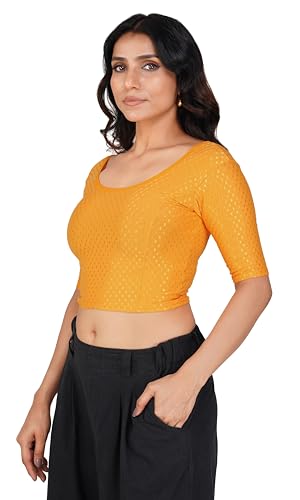 Image of Fressia Fabrics Pure Cotton 4-Way Stretch Readymade Blouse for Women | Free Size to 4XL Stretchable Round Neck Dobby Cotton Half Sleeve Readymade Saree Blouse for Women Stylish