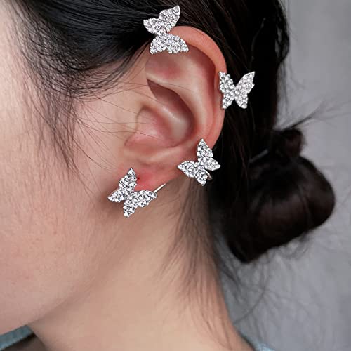 Butterfly Ear Cuffs Earrings Rhinestone Butterfly Ear Wrap No Piercing Ear Cuff Clip On Earrings for Women (Silver) - Thumbnail 4