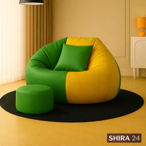 Image of 4XL Tear Drop Bean Bag Chair with Footrest & Pillow | Premium Leatherette Bean Bag Cover (Without Beans) Upto 150 Kg Capacity | Living Room Lounger (Green::Yellow, XXXXL)