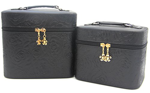 HOYOFO 2-Piece Set 3D Rose Pattern Large Makeup Case Travel Make Up Bag Cosmetic Train Cases,Black
