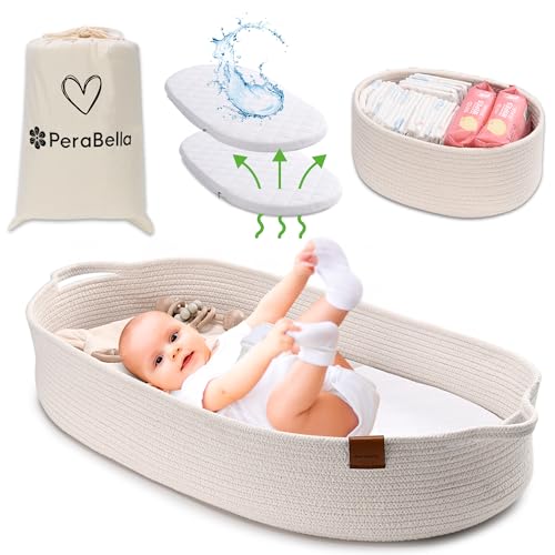 Image of Baby Changing Basket for Baby Dresser, Moses Basket for Babies, Cotton Rope Diaper Changing Basket, Unisex Baby Moses Basket, Foam Diaper Changing Pad for Dresser, Changing Table Topper for Dresser