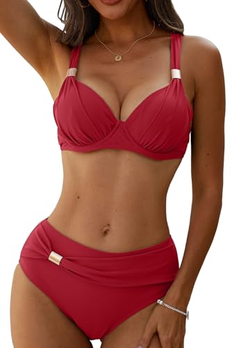 Yutdeng Bikini Mujer Push Up con Aros Traje de Baño de Dos Piezas Cintura Alta Bikinis Sexy Cuello en V Conjunto Bañador Reductor Ajustables Bañadores Vientre Plano Trajes de Baño Playa Moda con Metal