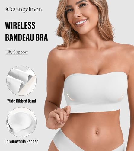 Image of DEANGELMON Strapless Bras for Women Wireless Push Up Non-Slip Bandeau Bra Seamless Clear Straps TubeTop Padded Bralette