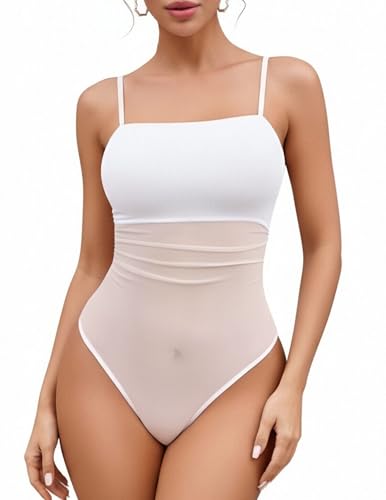 Avidlove Women Mesh Bodysuit Square Neck Cami Body Suits Sexy Sheer Leotard Shirt Going Out Tops Concert Outfits White L