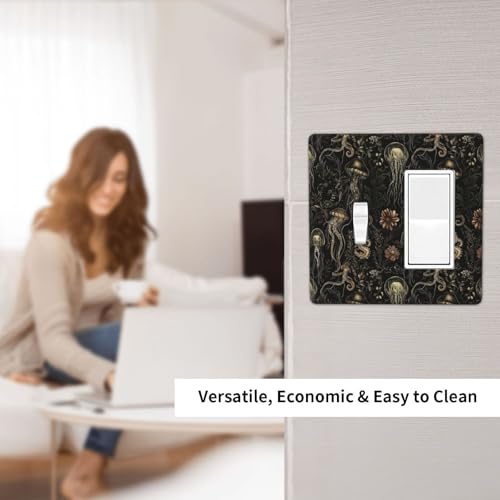 Decorative Outlet Covers Black Gold Jellyfish Squid Deep Sea Creatures 2 Gang Outlet Cover Wall Plate Single Toggle Rocker Light Switch Cover Plate Switch Plate Covers for Home Decor