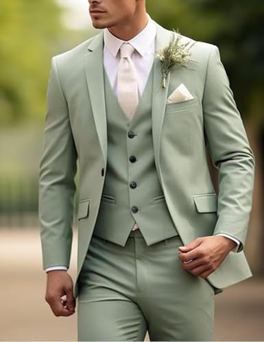 Men's Linen Suits Slim Fit 3 Piece One Button Business Wedding Tuxedo Blazer Jacket Pants Set2