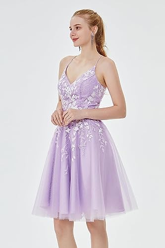 V Neck Spaghetti Straps Homecoming Dresses for Teens Lace Applique Tulle Prom Gown4