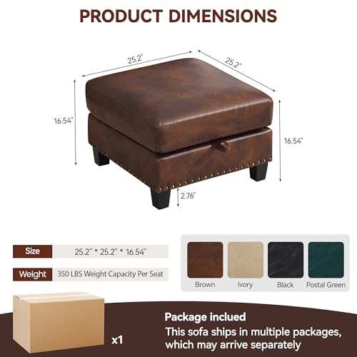 Image of 25.2 inch Faux Leather Storage Ottoman Bench for Couch, Vintage PU Leather Foot Stool with Nailhead Trim for Sofas, Mid Century Modern Hidden Storage Footrest for Living Room, Bedroom, Office, Brown