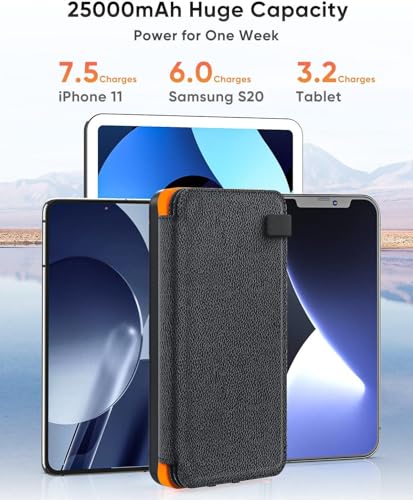 Hiluckey Solar Powerbank 25000mAh mit 4 Solarpanels, 3A Schnelles Aufladen USB C Tragbares Solar Ladegerät mit 3 Ausgänge Externer Akku für Handy Tablet