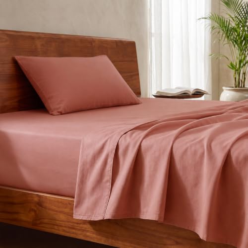Image of LANE LINEN 100% Organic Cotton Bedsheet for Single Bed - Rose Dawn | GOTS Certified, Percale Weave, 60x90 inches, Soft & Breathable, Machine Washable, Includes 1 Pillow Cover