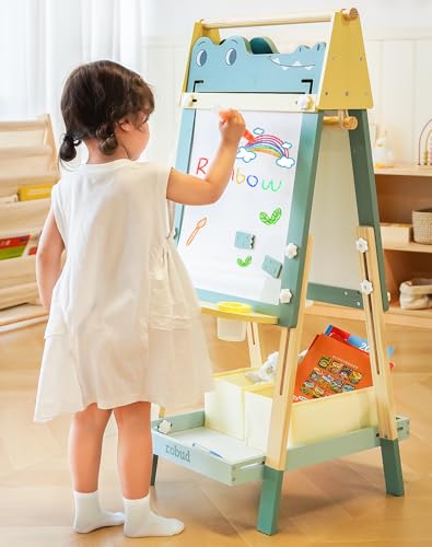 ROBUD Wooden Easel for Kids Double-Sided Whiteboard & Chalkboard with Paper Roll Height Adjustable Drawing Board with Magnets Paint Pots Storage Tray Crocodile Design for Boys & Girls Ages 3+