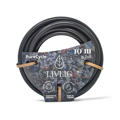 LIVLIG Gartenschlauch 10m Gartenschlauch schwarz aus 85% Recyclingmaterial 1/2 Zoll Wasserschlauch UV beständig & Made in Europe Bewässerungsschlauch PureCycle