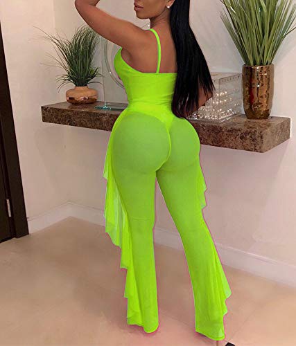 Oluolin Two Piece Outfits For Women Sexy Sleeveless See Through Bodysuits And Skinny Long Pants Set Jumpsuits Swimsuit (Mesh Green, Xx-Large) #TOP1