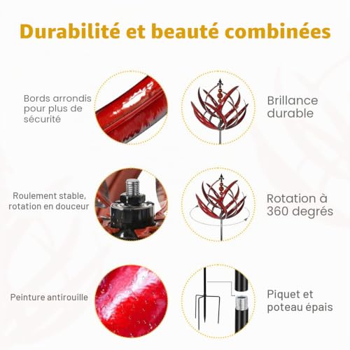 LimeHill Moulin à Vent pour Jardin et Cour, Grandes Sculptures cinétiques à Vent en métal pour décoration extérieure (221 cm, Lotus Bordeaux) – vue 5