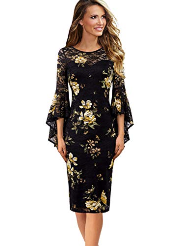 Vfshow Womens Black Lace Yellow Floral Print Ruffle Bell Sleeves Casual Business Cocktail Party Bodycon Pencil Sheath Dress 3865 Blk S #TOP1