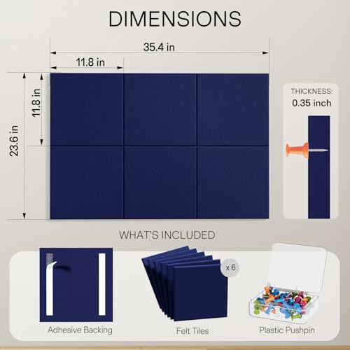 Image of MaxGear Felt Bulletin Board 36 inch x 24 inch, Dark Blue Felt Wall Tiles Push Pins (Pack of 2)