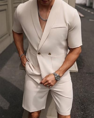 SAROULU Shorts Mens Suit 2 Piece Grooms Beach Wedding Slim Fit Tuxedo Suit Blazer & Shorts Set2