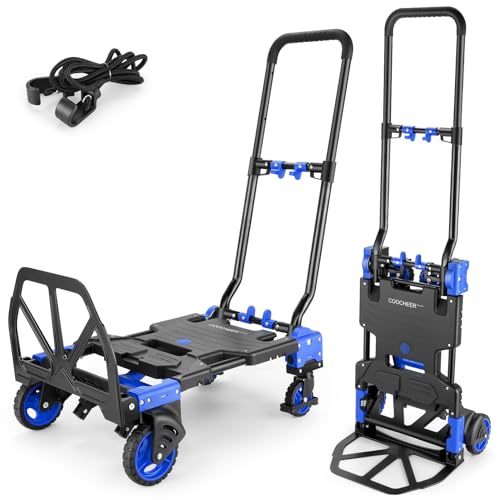 330LB Folding Hand Truck Heavy Duty Carrying, Combination of Four Wheels and Two Wheels Convertible Dolly Cart with Retractable Handle Dolly for Moving Office Carts(Blue)