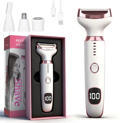 Image of Electric Razor for Women Men with LED Display,4 in 1 Ladies Wet & Dry Body Razors and Facial Hair Remover, Rechargeable Hair Removal Kit for Nose Face Body Leg Bikini Arm Hair (White Pink)