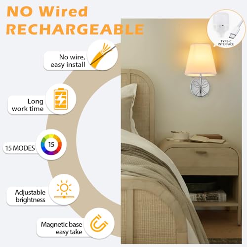 Image of PASSICA DECOR 2 Pack Rechargeable Battery Operated Wall Sconces Set of Two, Wireless Cordless Wall Lights with Remote Control, Dimmable LED Lights, 3 Modes & 12 RGB Colors for Bedroom, Hallway, Stairs