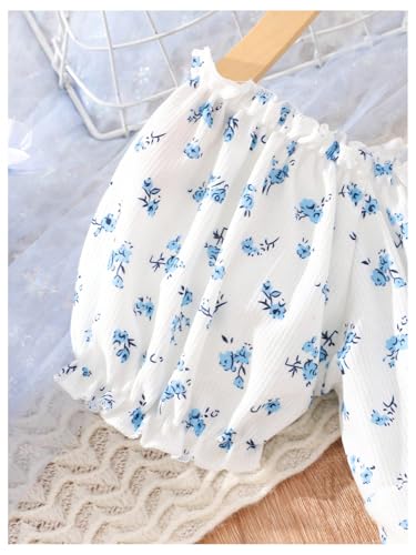 Floerns Girl's Summer Floral Puff Sleeve T Shirts Frill Trim Bow Front Crop Tops4