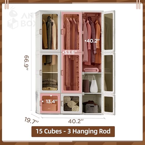 Image of ANTBOX Portable Wardrobe Closet Storage Organizer for Clothes,Transparent Door Panels,Suitable for Living Room, Bedroom,Plastic Wardrobe with Magnetic Door and Easy Assembly (3 Hanging Rod)