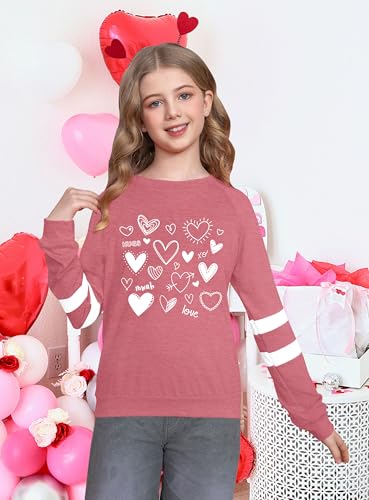 Image of LAZYCHILD Kids Valentine Shirt Girls Valentines Day Shirts Heart Graphic Long Sleeve Striped Tee Tops 5-14 Years