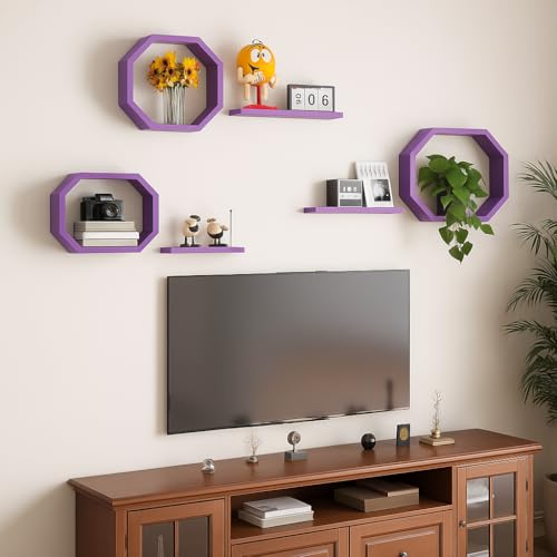 Image of Wall Mounted Floating Shelves Set of 6, Multipurpose Display, Book, Storage & Decor Shelves, Octagon Shape Wooden Wall Shelf for Living Room, Bedroom, Kitchen (Purple)