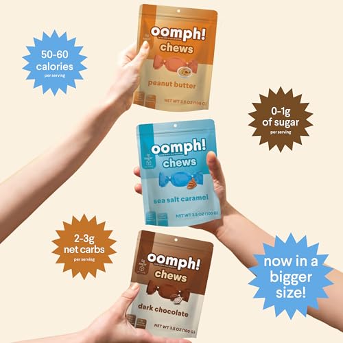 Oomph! Sweets Dark Chocolate, Sea Salt Caramel and Peanut Butter - High Fiber, Keto Taffy Candy, Low Carb, Low Sugar, Vegan, Gluten Free Dessert Chews (Variety 3-Pack x 10 pc per 3.5oz bag) - Thumbnail 3