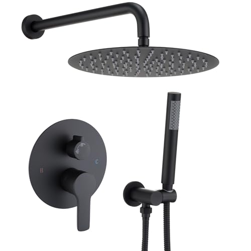 Image of Iriber Matte black Shower System Wall Mounted Shower Faucet Mixer Set with 12 Inches Rain Shower head and Handheld, Bathroom Shower Trim Kit Contain Pressure Balance Valve