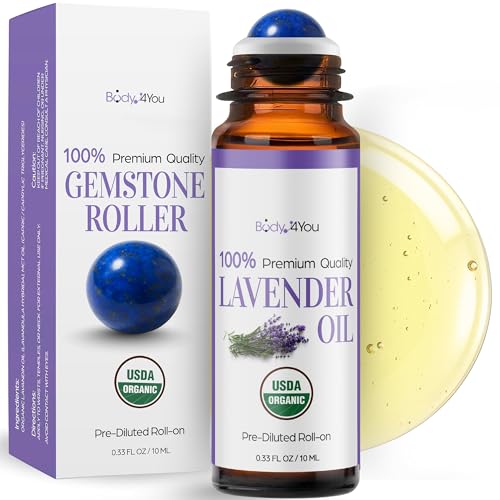 Lavender Essential Oil Roll On for Sleep Anxiety Stress Relief - 100% Pure USDA Organic Pre-Diluted MCT Coconut Oil - Calming Relaxing Bedtime Aromatherapy Yoga - Gemstone Roller 10ml Travel Size