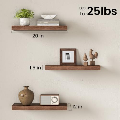 Image of Fun Memories 20 x 12 Inch Deep Floating Shelves, 12 Inch Deep Rustic Wooden Wall Shelves, Extra Deep & Heavy Duty Hanging Shelves for Living Room,Bedroom, Bathroom, Set of 3 (Brown)